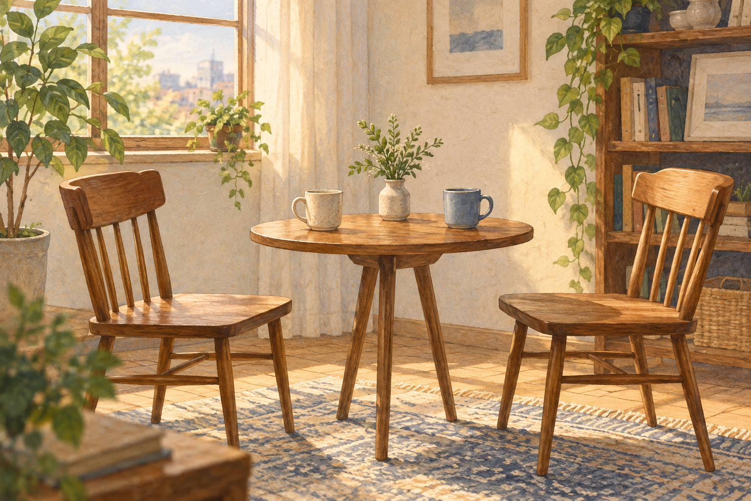 二つの椅子とテーブルを描いたAI制作の架空イメージ。投稿者や返信者が実際に会った場面・場所の写真ではありません。