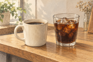 ホット用のマグとアイスコーヒーのグラスを描いたAI制作の架空イメージ。投稿者の写真・実際のコーヒーメーカーや店を再現したものではありません。