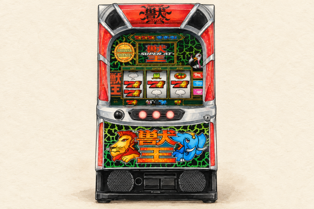 サミー公式の2026年版「スマスロ 獣王」実機画像を参照してAI制作したイメージ。実機写真・仕様図や投稿者の遊技結果の再現ではなく、細部は実物と異なる場合があります。