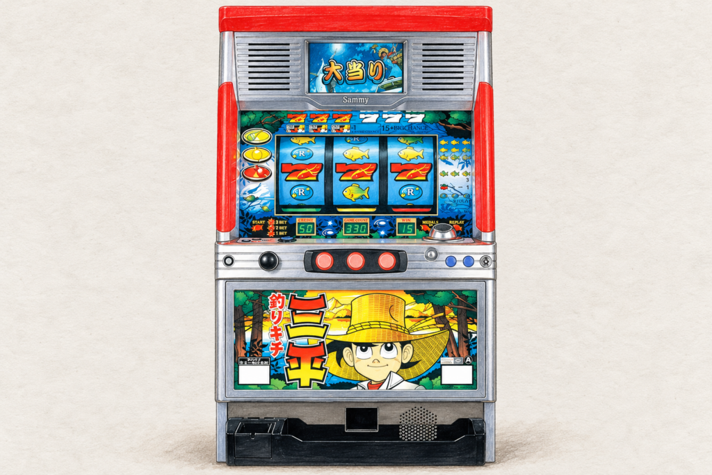 サミー公式の2001年版パチスロ「釣りキチ三平」実機画像を参照してAI制作したイメージ。実機写真・仕様図やカワサキカオリさんの漫画原稿ではなく、細部は実物と異なる場合があります。
