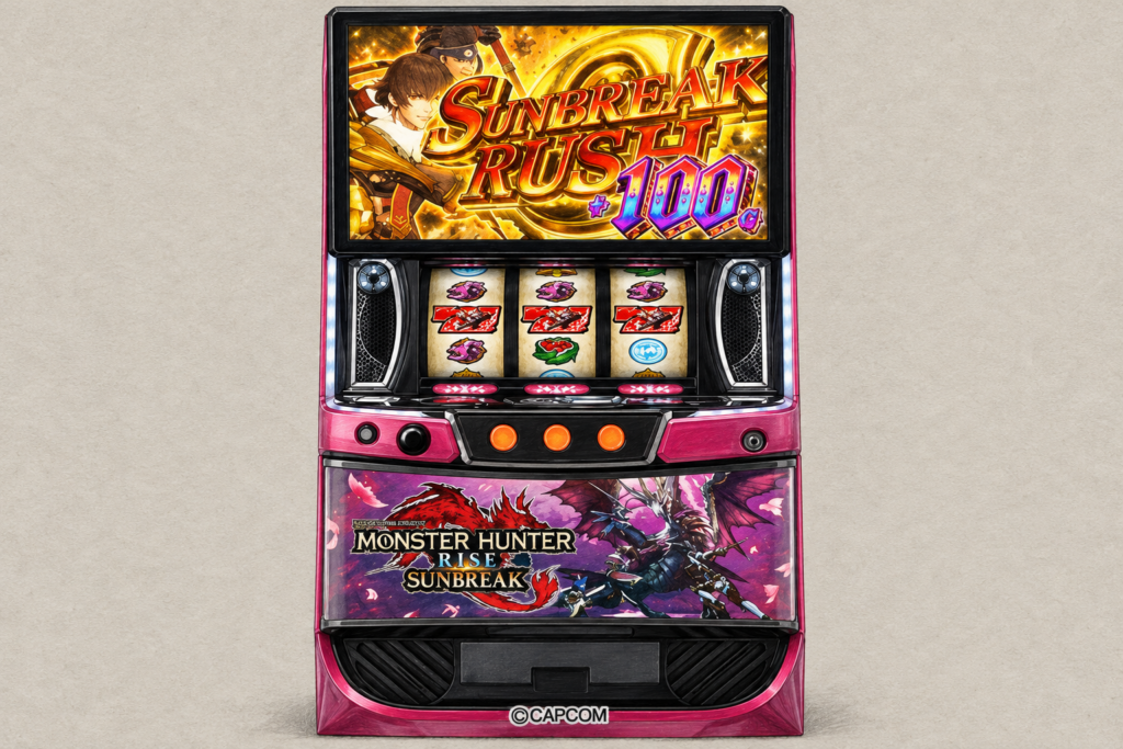 エンターライズ公式の2026年版スマスロ「モンスターハンターライズ：サンブレイク」実機画像を参照してAI制作したイメージ。実機写真・仕様図や投稿者の出玉の証拠ではなく、細部は実物と異なる場合があります。