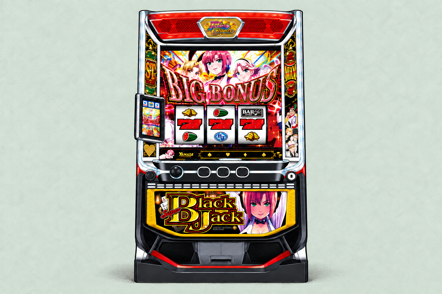 山佐ネクスト公式のスマスロ「スーパーブラックジャック」実機画像を参照してAI制作したイメージ。実機写真・仕様図ではなく、細部は実物と異なる場合があります。