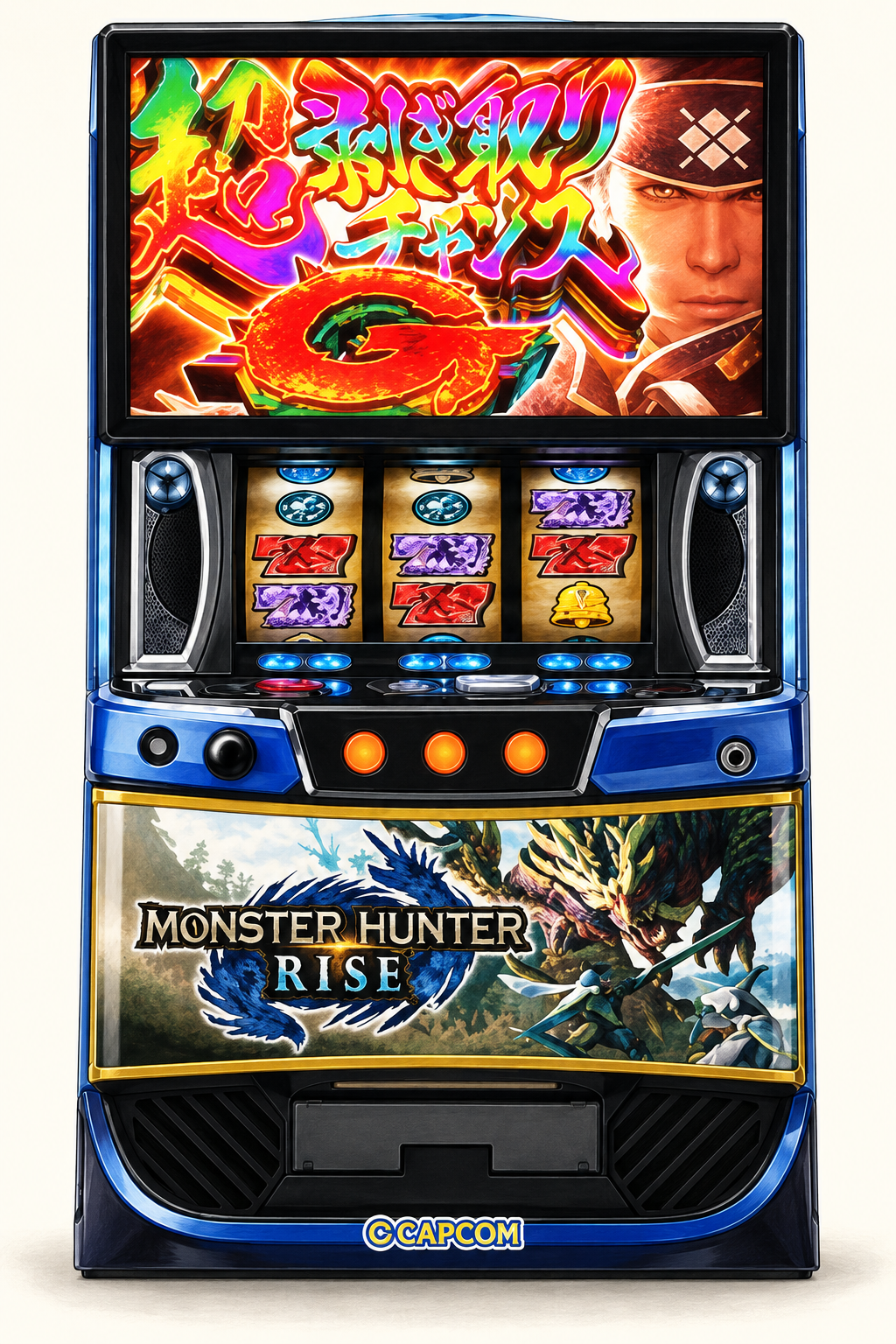 エンターライズ公式の2024年版スマスロ「モンスターハンターライズ」実機画像を参照してAI制作したイメージ。実機写真・仕様図や投稿者の収支の証拠ではなく、細部は実物と異なる場合があります。