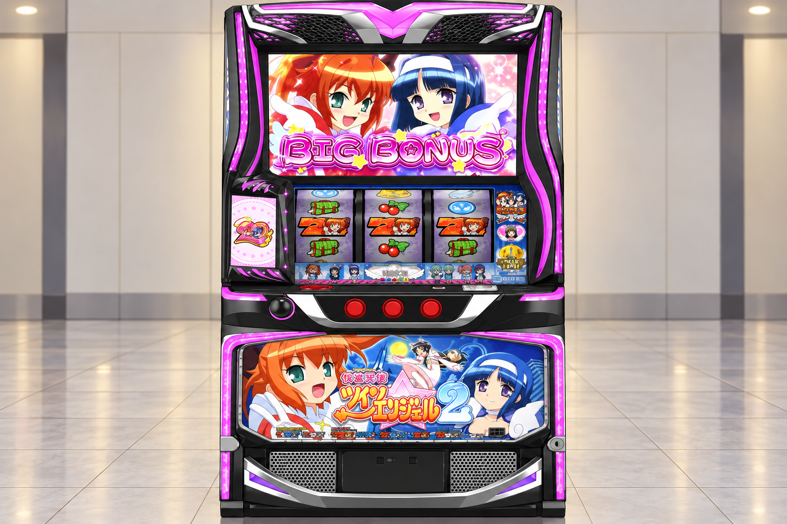 サミー公式の2026年版「スマスロ 快盗天使ツインエンジェル2」実機資料を参照してAI制作したイメージ。実機写真・仕様図ではなく、細部は実物と異なる場合があります。