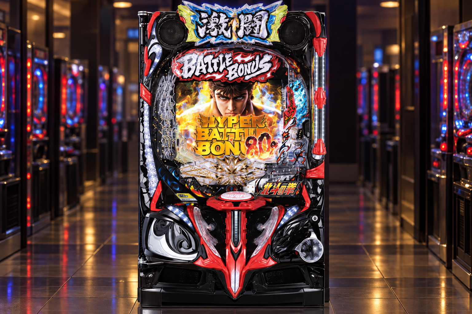 サミー公式「e 北斗の拳 激闘」の実機外観を参照してAI制作したイメージ。実機写真・仕様図ではなく、細部は実物と異なる場合があります。