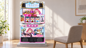 スマスロ マギアレコード 魔法少女まどか☆マギカ外伝の公式実機画像を参照してAI制作したイメージ。実機写真・仕様図ではなく細部は実物と異なる場合があります。部屋は架空で、投稿者の自宅・所有機・休日の現場を再現したものではありません。
