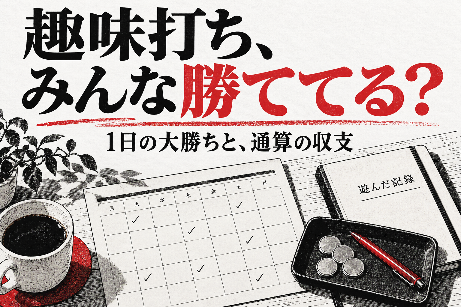 趣味打ちの一日の大勝ちと通算収支の違いをテーマに、カレンダー、記録用ノート、メダルトレーを描いた編集用AIイラスト。