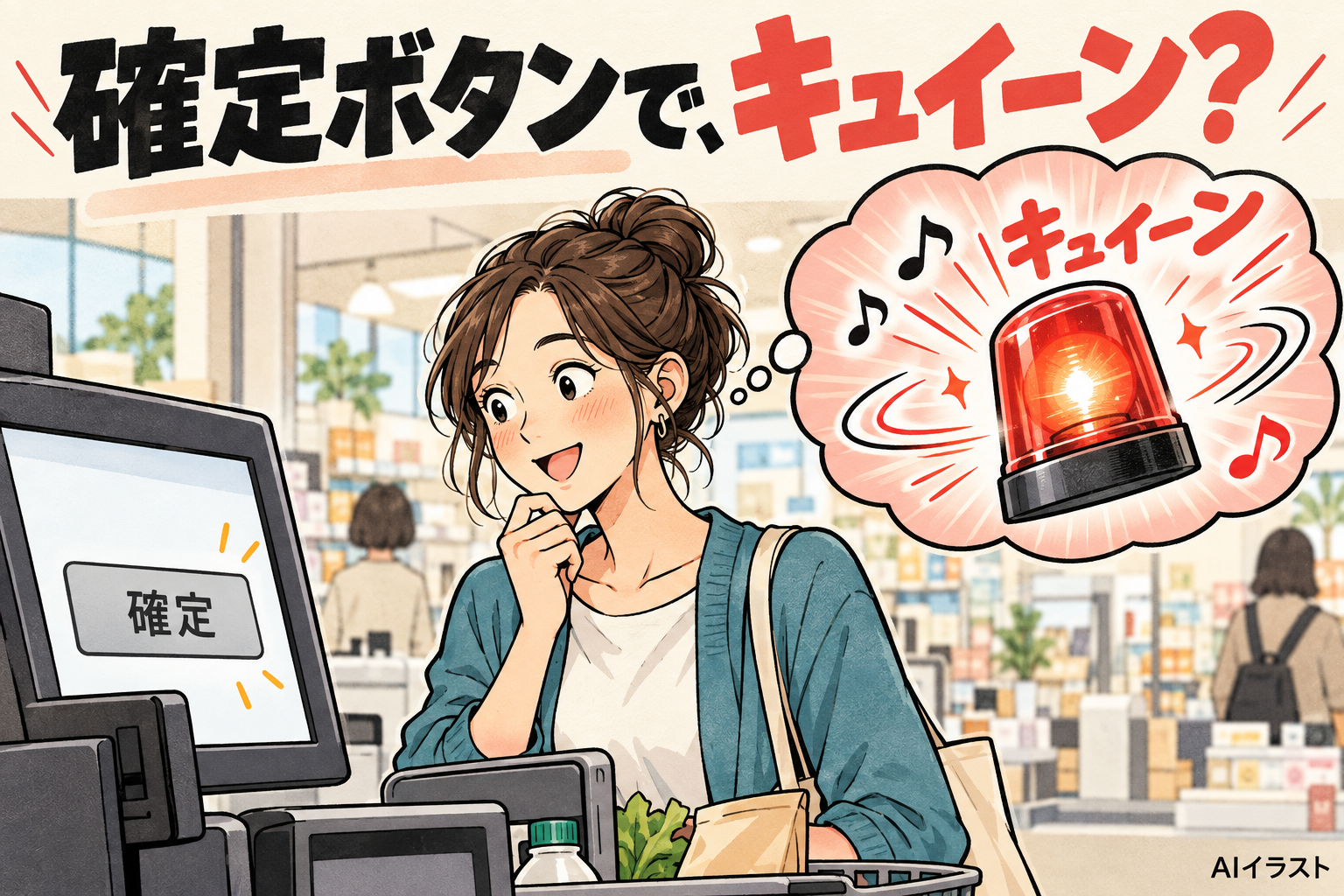 買い物画面の確定ボタンから架空の成人が頭の中でパトランプの音を連想するAIイラスト。実際の店舗、決済画面、投稿者本人の再現ではありません。
