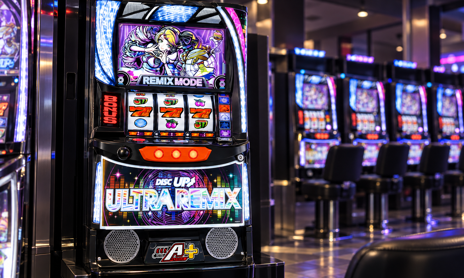 A-SLOT+ ディスクアップ ULTRAREMIXの実機外観を参照してAI制作したイメージ。実機写真・仕様図ではなく、細部は実物と異なる場合があります。ホールや場面は架空で、元レスの店舗・現場を撮影または再現したものではありません。