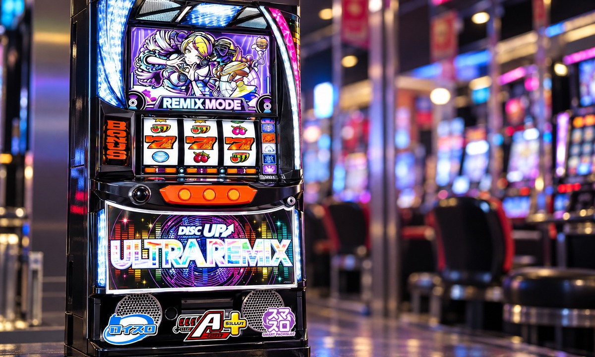 A-SLOT+ ディスクアップ ULTRAREMIXの実機外観を参照した、架空のホール内のAI制作イメージ。実機写真や元レスの証拠写真ではありません。
