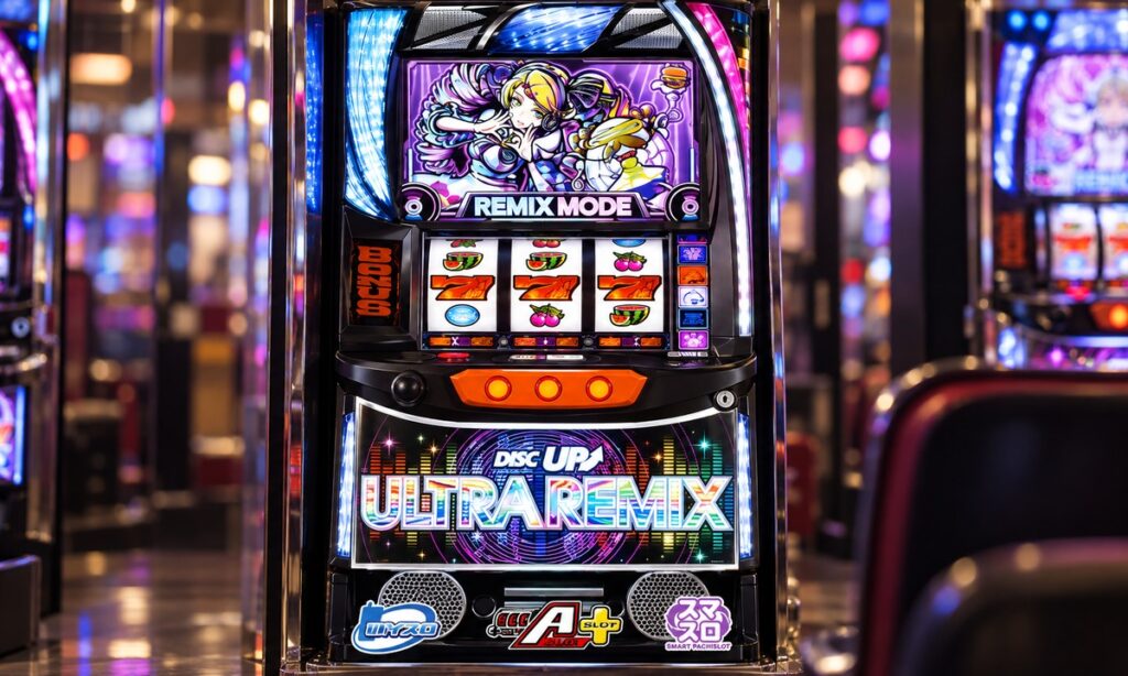 A-SLOT+ ディスクアップ ULTRAREMIXの実機外観を参照した、架空のホール内のAI制作イメージ。実機写真や元レスの証拠写真ではありません。