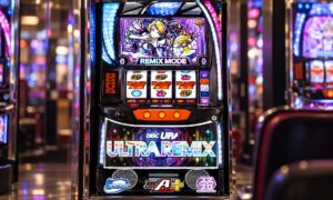 A-SLOT+ ディスクアップ ULTRAREMIXの実機外観を参照した、架空のホール内のAI制作イメージ。実機写真や元レスの証拠写真ではありません。