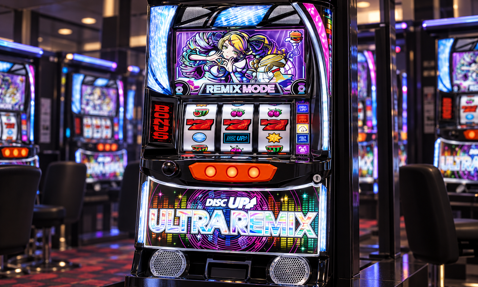 A-SLOT+ ディスクアップ ULTRAREMIXの実機外観を参照してAI制作したイメージ。実機写真・仕様図ではなく、細部は実物と異なる場合があります。ホールや場面は架空で、元レスの店舗・現場を撮影または再現したものではありません。