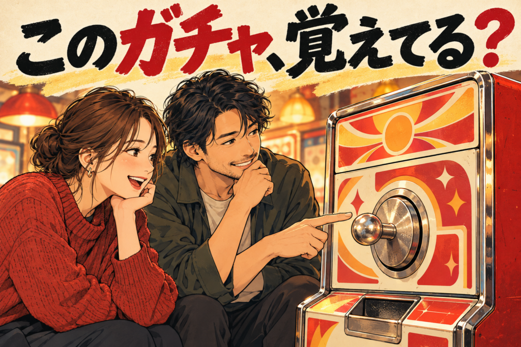 架空の回転ハンドル付き遊技機を見ながら昔話をする成人2人のAIイラスト。実機・投稿者本人・抽選機能の再現ではありません。