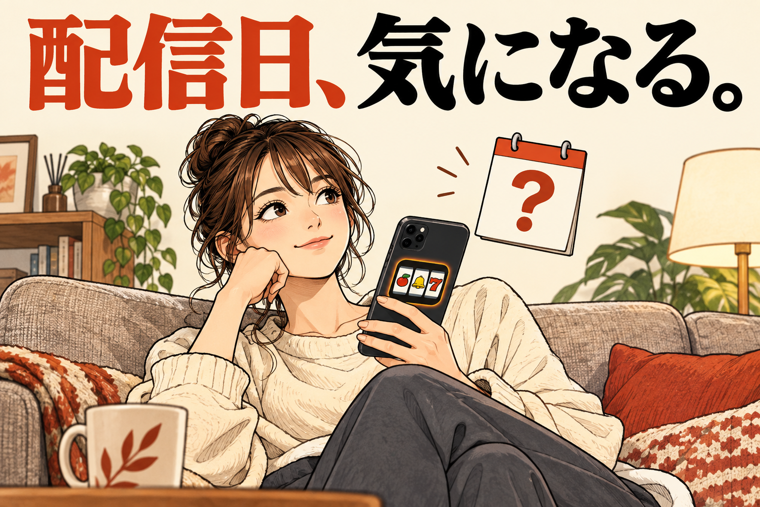 スマホを手に配信日を気にする架空の成人と、疑問符付きのカレンダーを描いたAIイラスト。実際のアプリ画面や発売日の証拠ではありません。