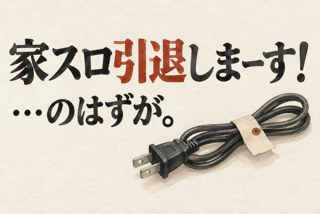 家スロ引退しまーす!…のはずが。という文字と、束ねた電源コードを描いたAI制作イメージ。投稿者の実物・部屋や実機を再現した画像ではありません。
