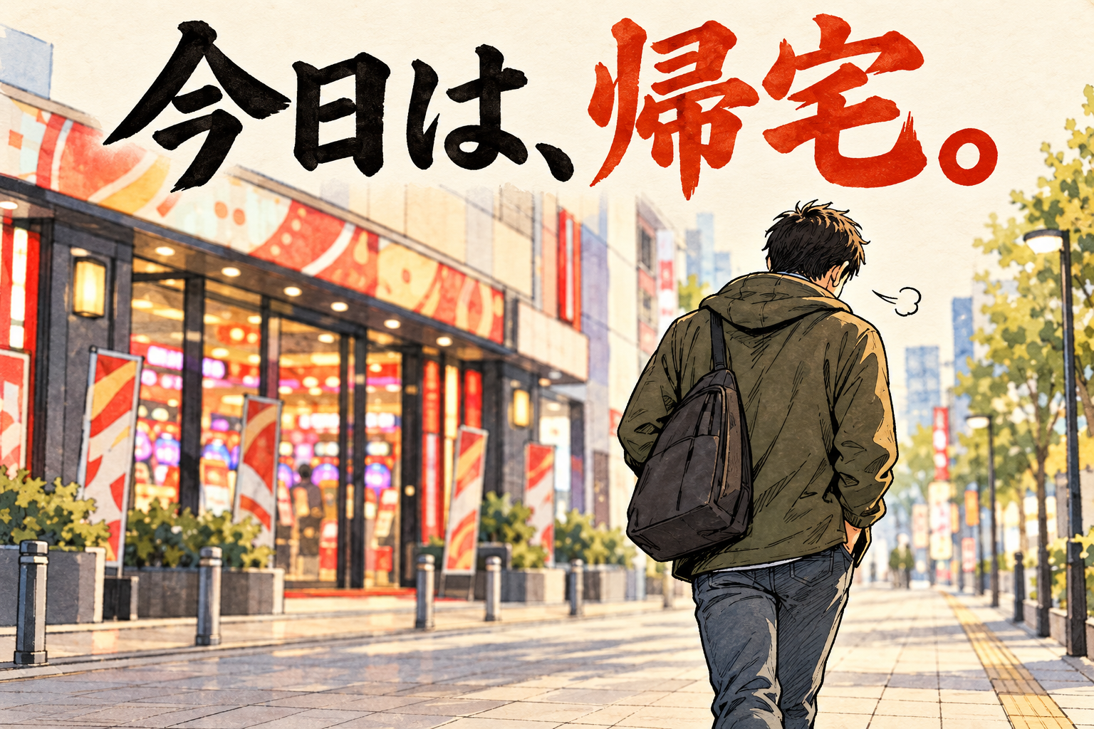 遊技店を思わせる架空の建物を背に帰路につく成人を描いたAIイラスト。投稿者本人・実際の店舗や当日の場面ではありません。