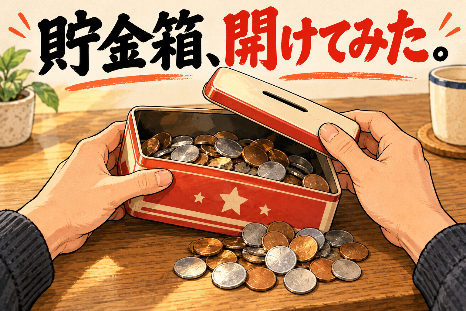 開いた架空の貯金箱と硬貨を描いたAIイラスト。実物・硬貨の枚数・金額を再現したものではありません。