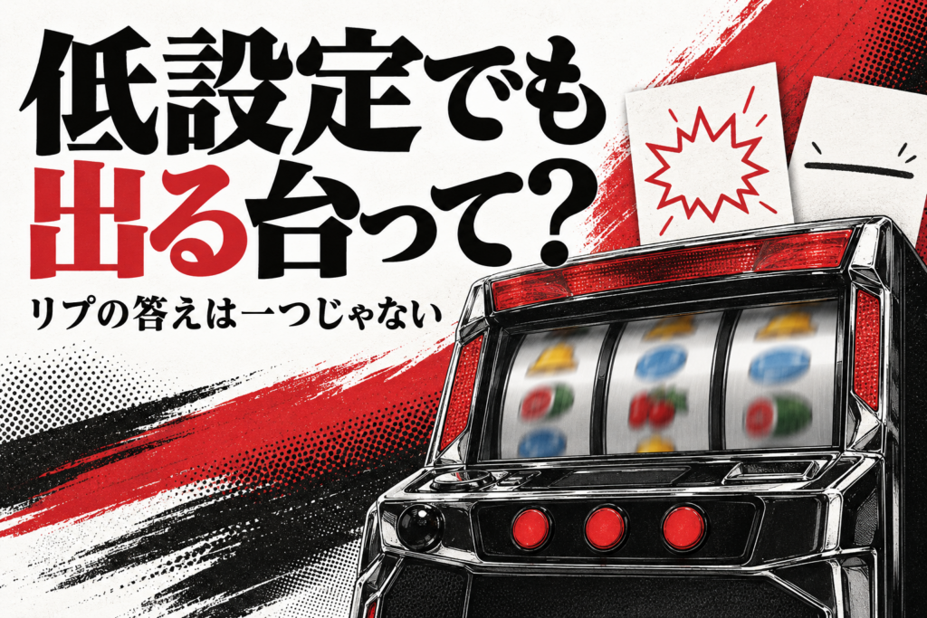 低設定でも出る台とは何かという問いと、異なる印象を表す紙片、架空のパチスロ機を描いた編集用AIイラスト。