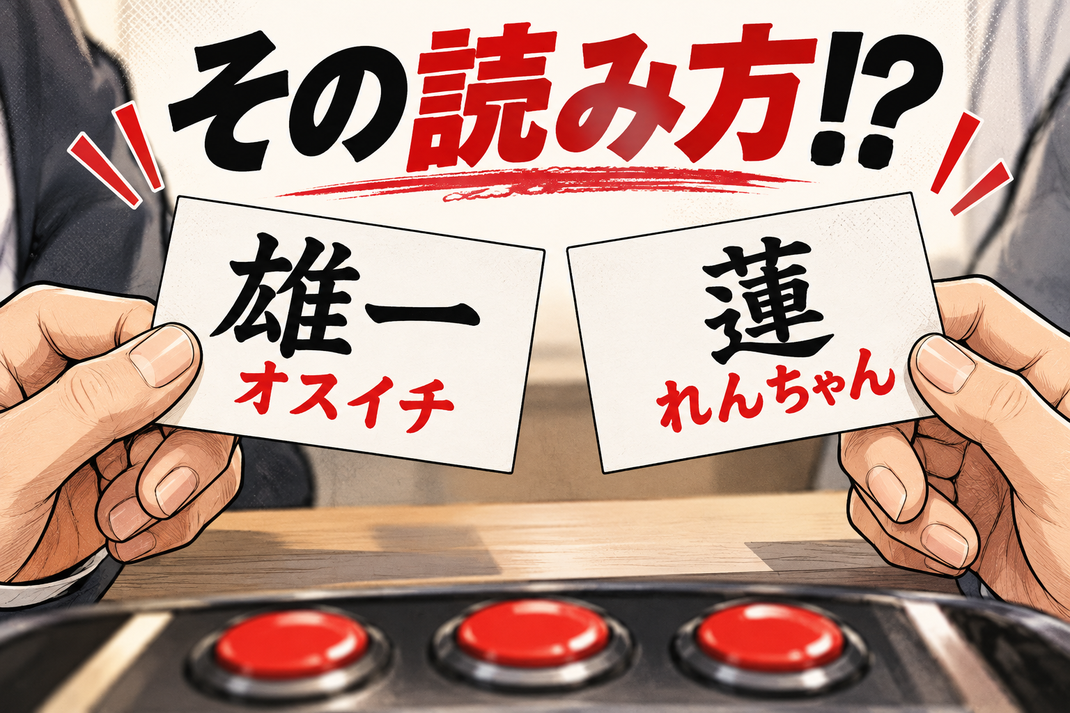 雄一と蓮の架空の名札と、読み方に驚く様子を描いた編集用AIイラスト。実際の子供や命名の写真ではありません。