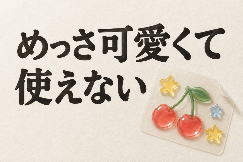 めっさ可愛くて使えないという文字と、チェリーや星形の架空のぷっくりシールを描いたAI制作イメージ。元投稿の商品写真ではありません。