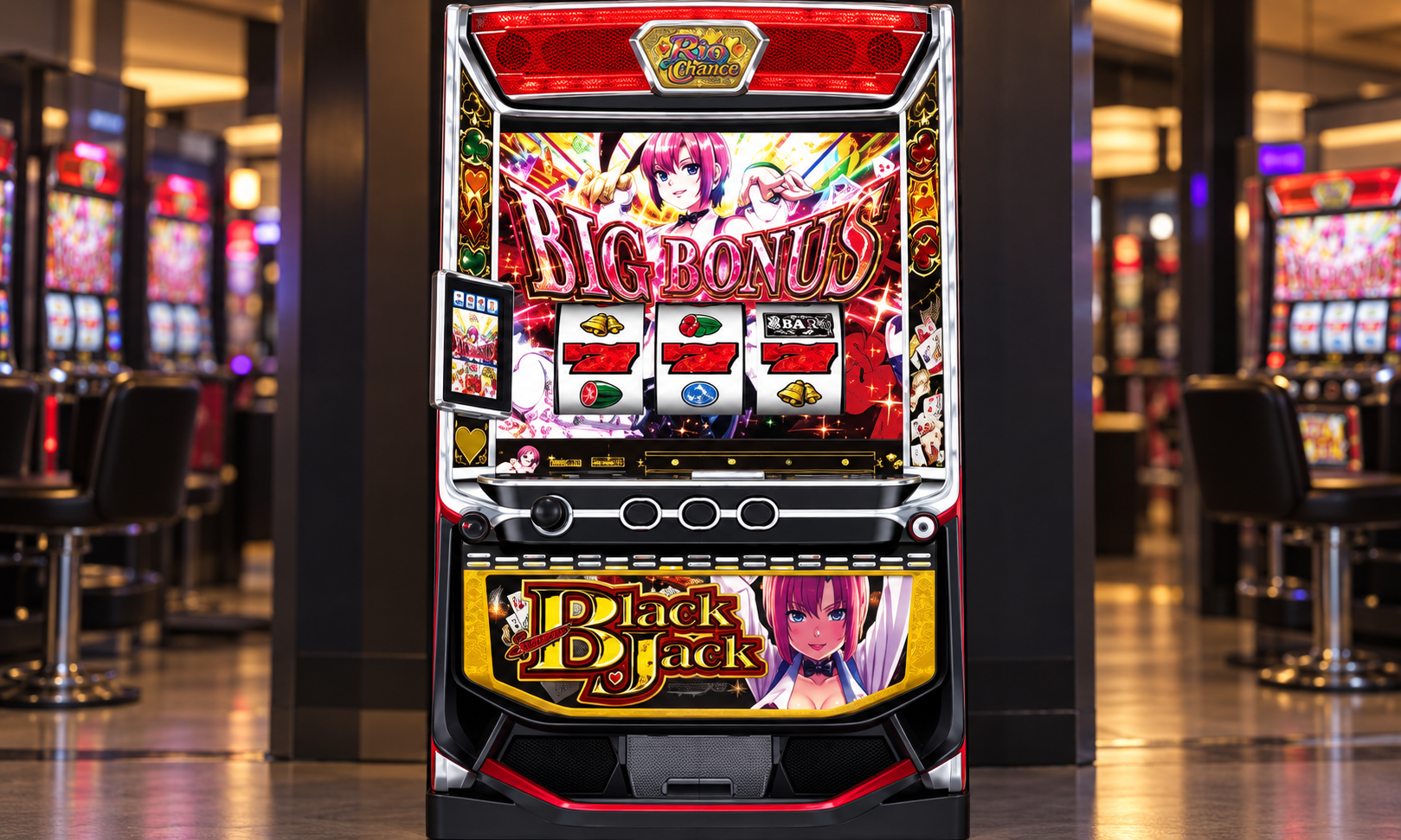 スマスロ スーパーブラックジャックの実機外観を参照してAI制作したイメージ。実機写真・仕様図ではなく、細部は実物と異なる場合があります。ホールや場面は架空で、元レスの店舗・現場を撮影または再現したものではありません。