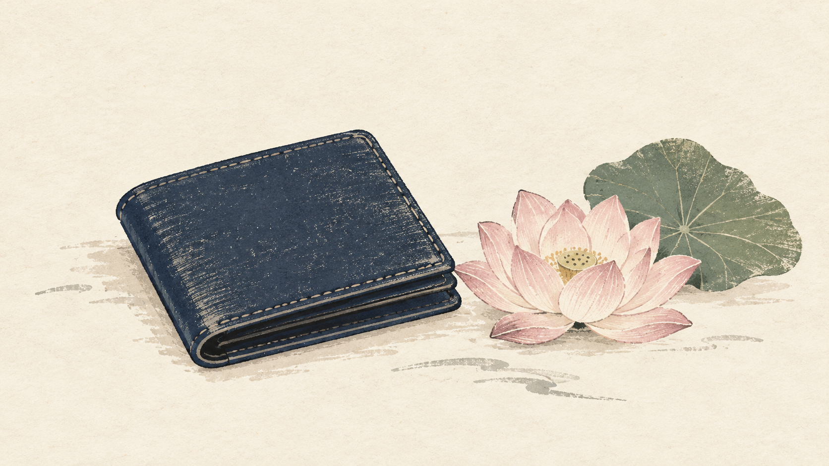 紺色の財布と蓮の花を描いたAI制作の編集イメージ。架空の小物による比喩で、実機・PVの画像や投稿者の持ち物を再現したものではありません。