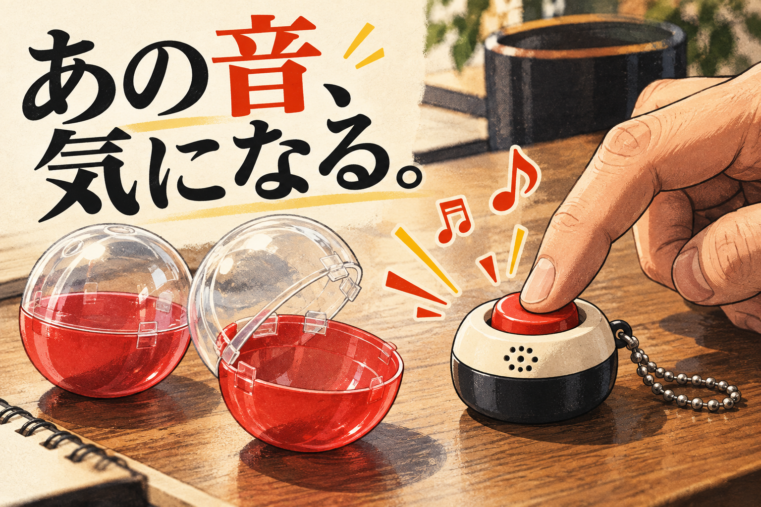 カプセルと架空の音声ボタン付きキーホルダーを描いた編集用AIイラスト。実際の商品や音の再現ではありません。