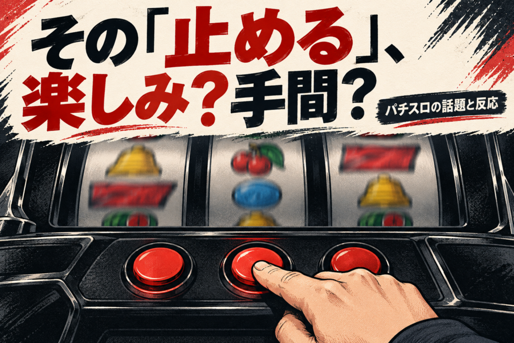 パチスロの3つの停止ボタンの一つを押す手と、操作が楽しみか手間かという問いを描いたオリジナルAIイラスト。
